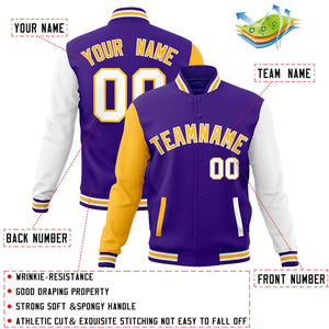 Veste Letterman Varsity Full-Snap à manches raglan personnalisées violet jaune-blanc