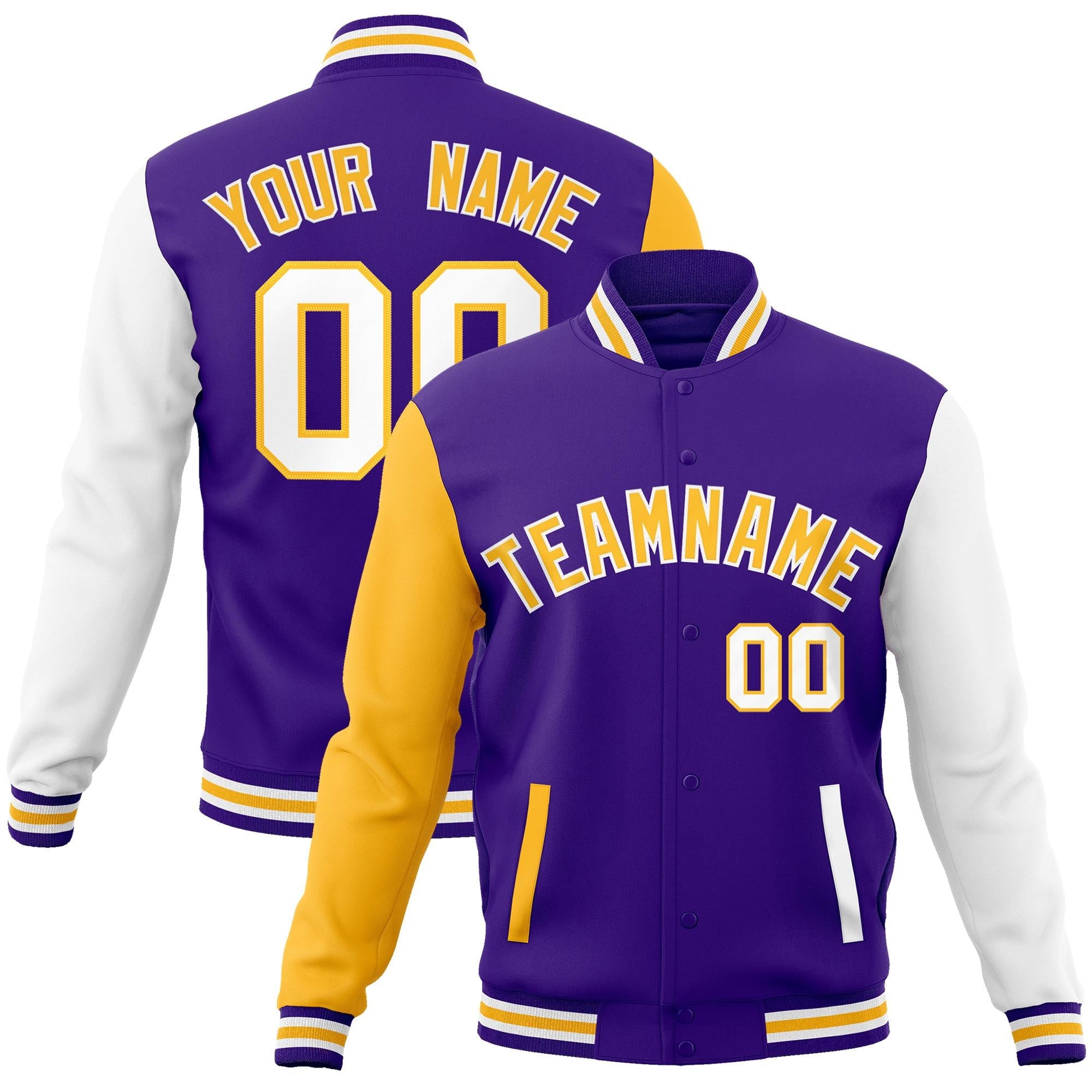 Custom Purple Yellow-White Raglan Sleeves Varsity Full-Snap Letterman Jacket