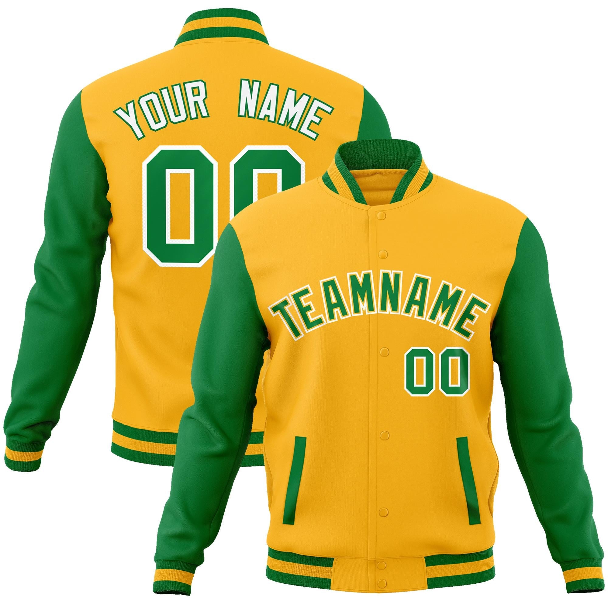 Custom Yellow Green-Yellow Raglan Sleeves Varsity Full-Snap Letterman Jacket