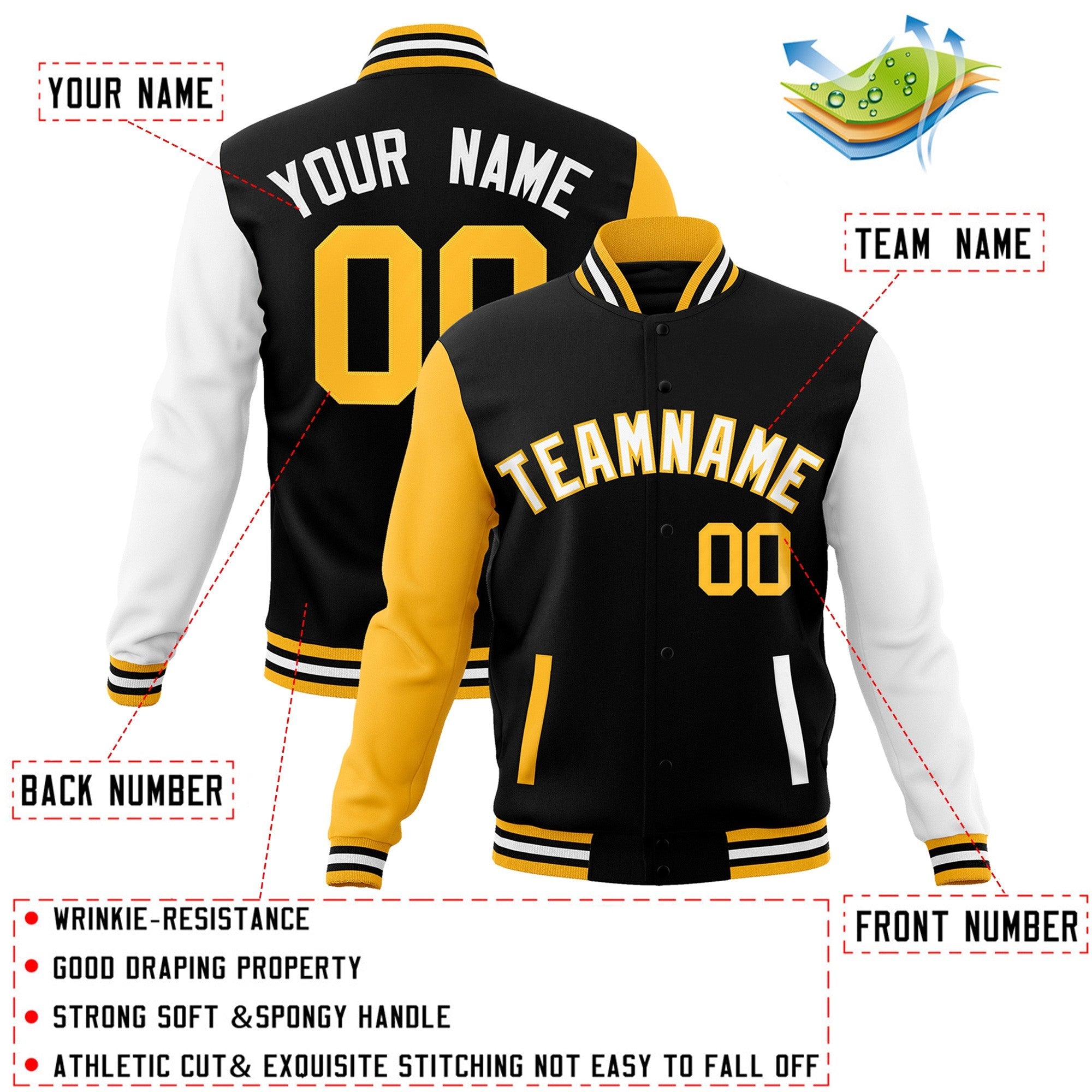 Custom Black White-Yellow Raglan Sleeves Varsity Full-Snap Letterman Jacket