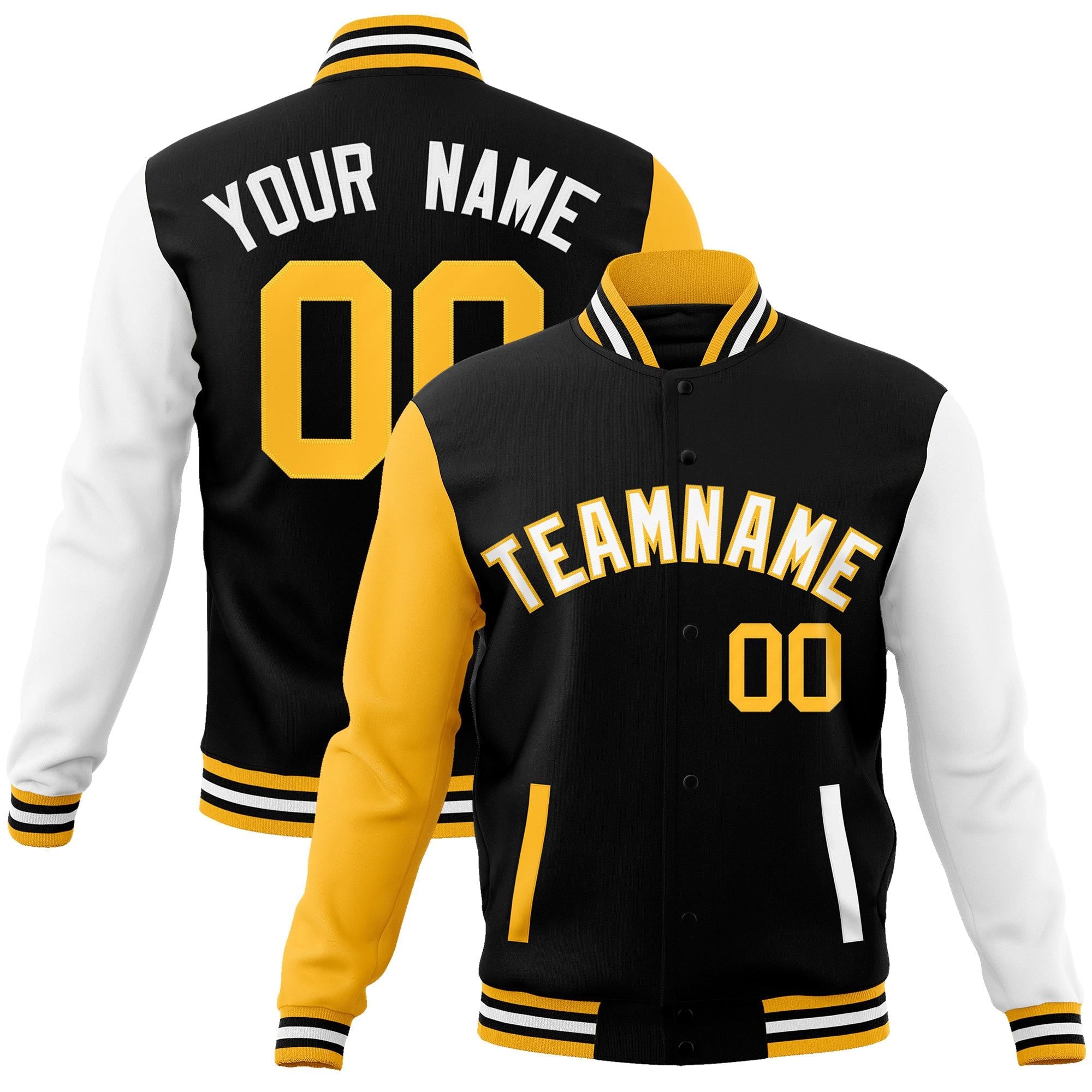 Custom Black White-Yellow Raglan Sleeves Varsity Full-Snap Letterman Jacket