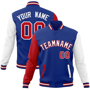 Custom Royal White-Red Raglan Sleeves Varsity Full-Snap Letterman Jacket