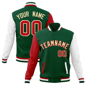 Custom Green Khaki-Red Raglan Sleeves Varsity Full-Snap Letterman Jacket