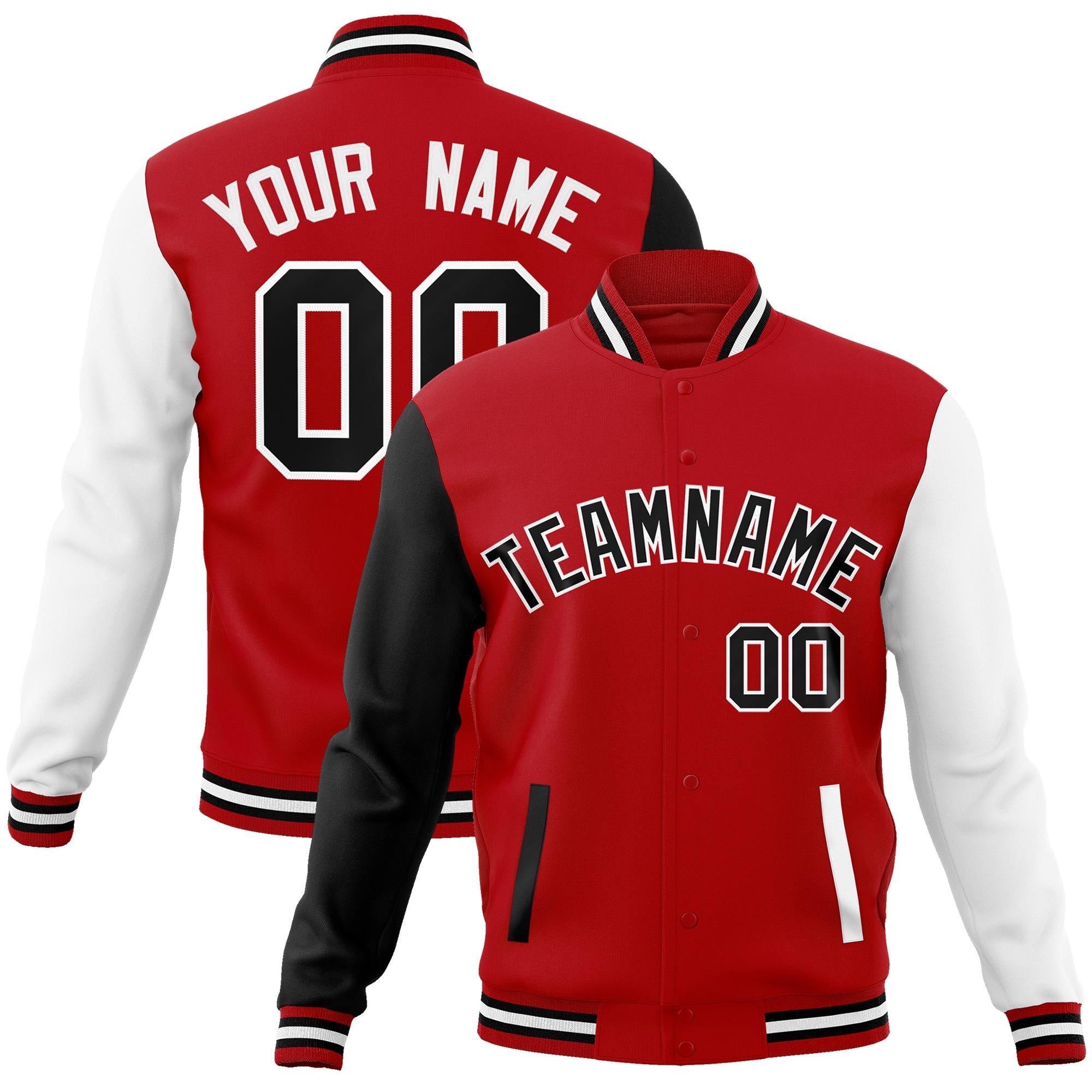 Custom Red Black-White Raglan Sleeves Varsity Full-Snap Letterman Jacket