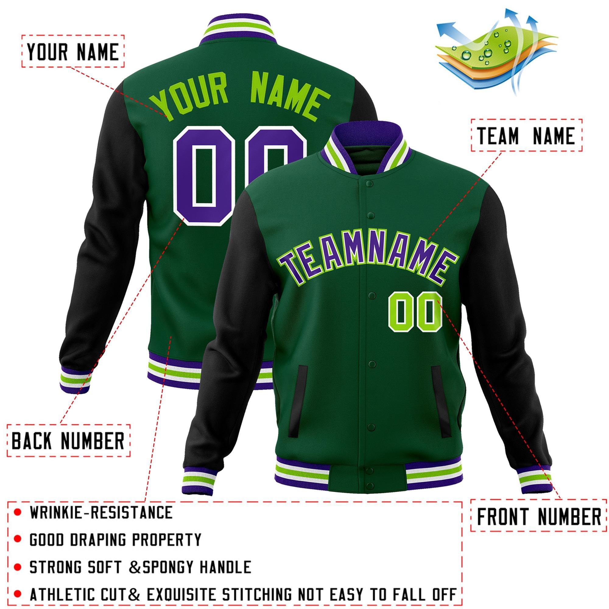 Custom Green Purple-White Raglan Sleeves Varsity Full-Snap Letterman Jacket