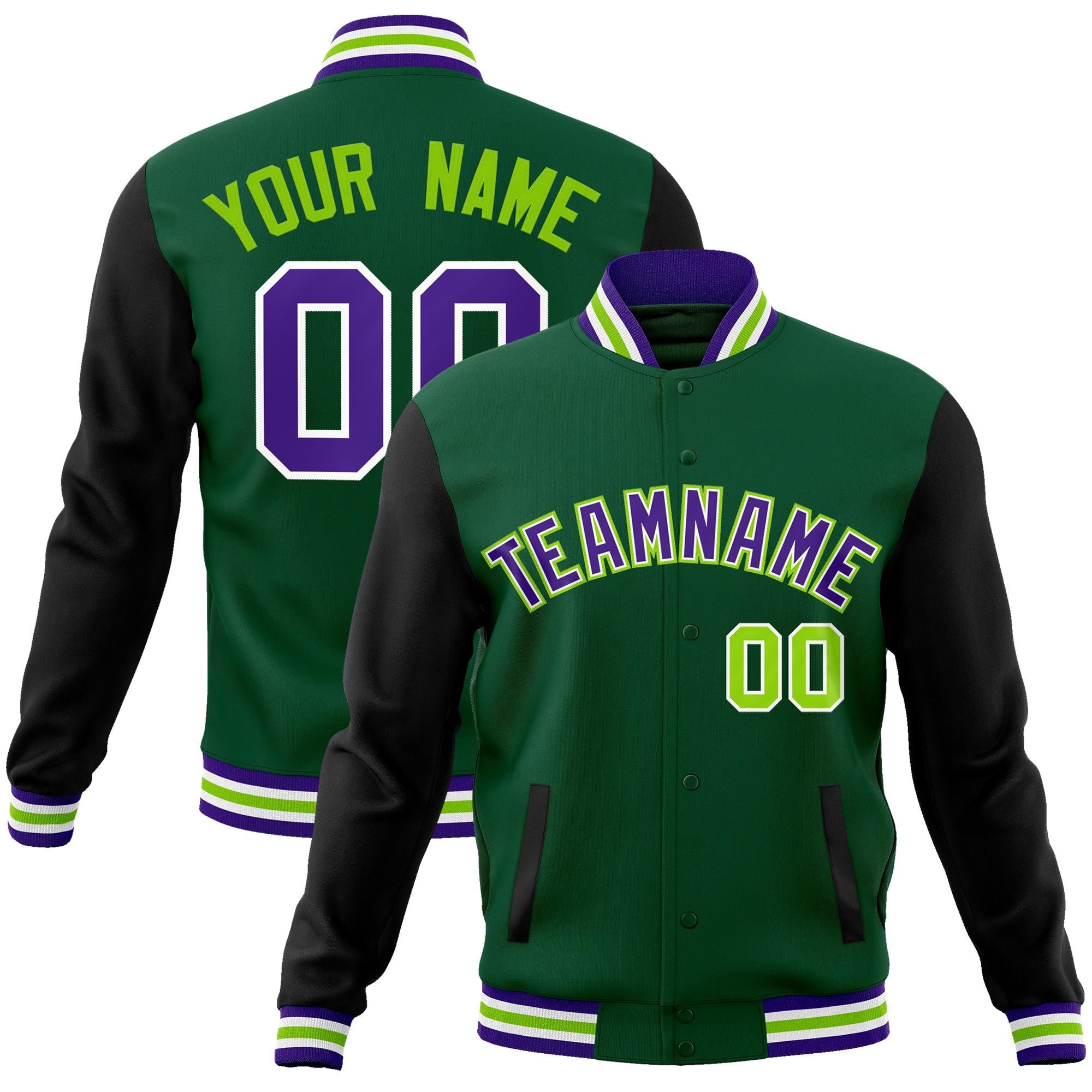 Custom Green Purple-White Raglan Sleeves Varsity Full-Snap Letterman Jacket