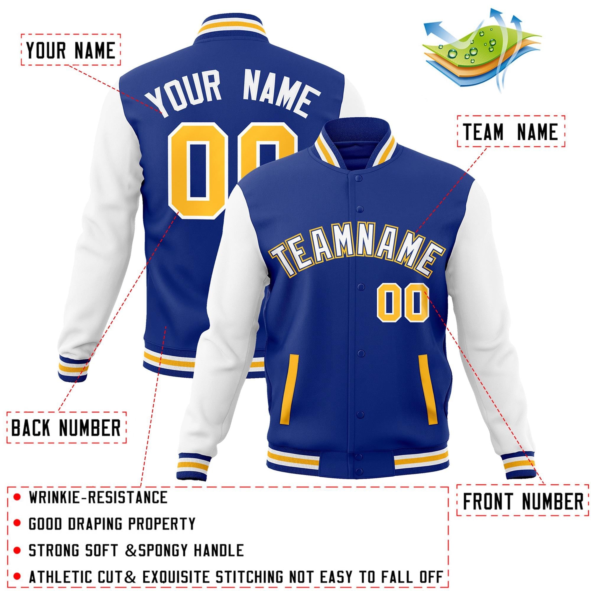 Custom Royal White-Royal Raglan Sleeves Varsity Full-Snap Letterman Jacket