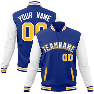 Custom Royal White-Royal Raglan Sleeves Varsity Full-Snap Letterman Jacket