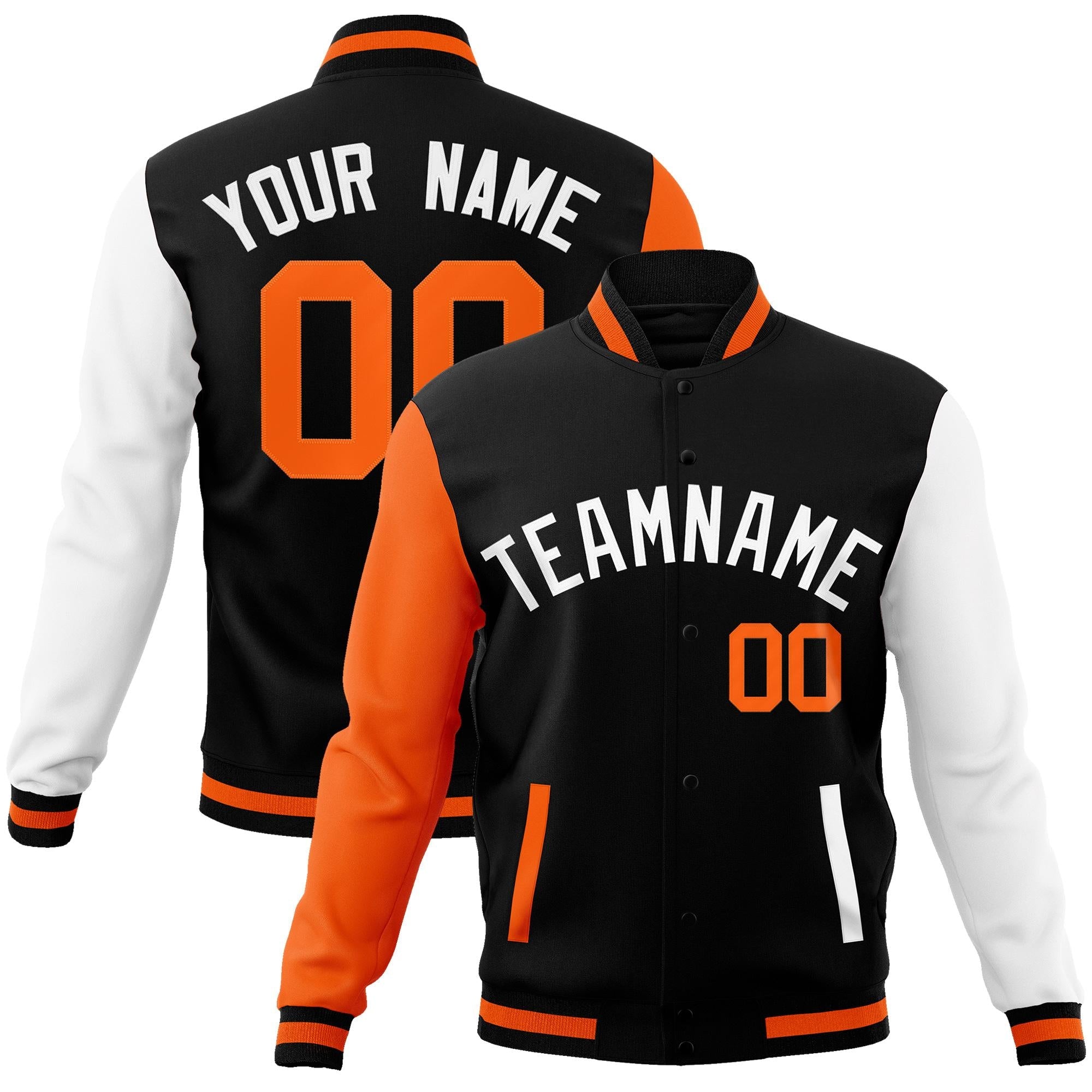 Custom Black White Raglan Sleeves Varsity Full-Snap Letterman Jacket