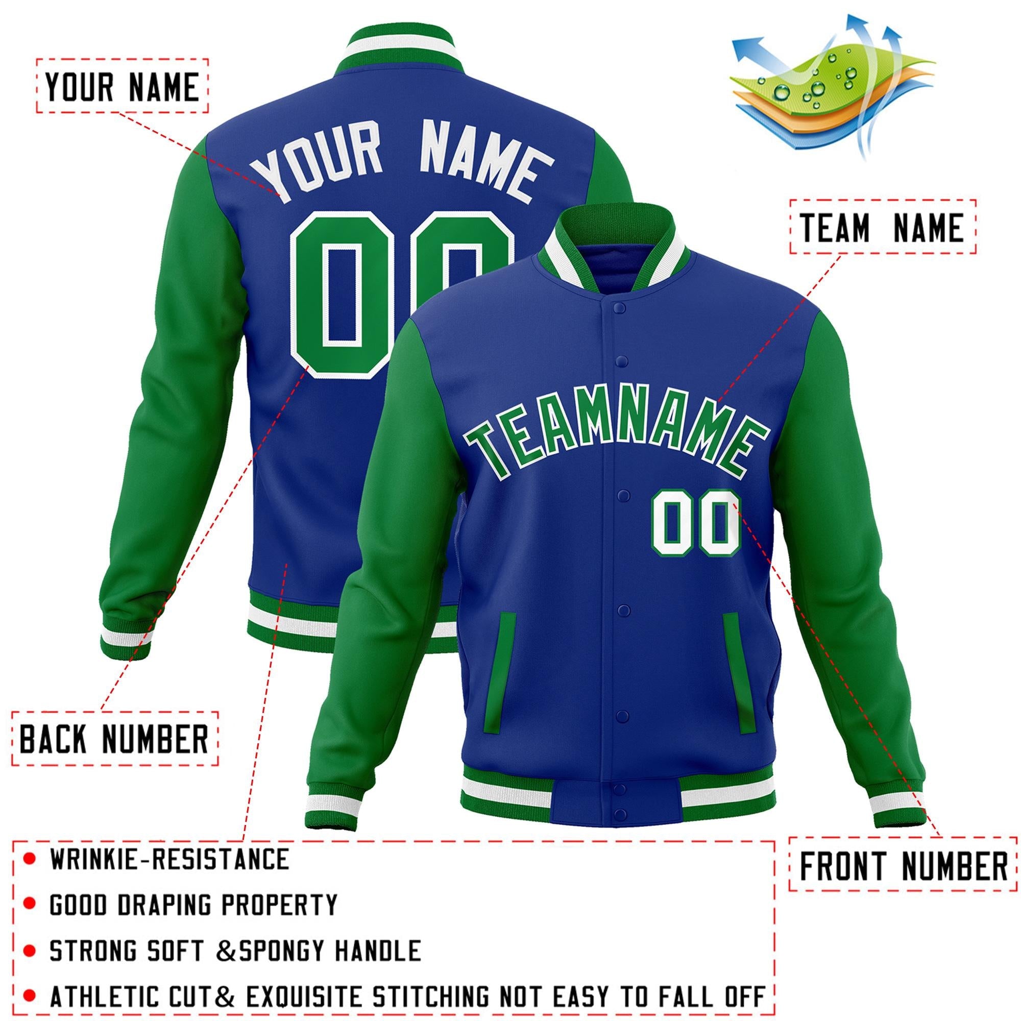 Veste Letterman Varsity Full-Snap à manches raglan personnalisées Royal Green-White