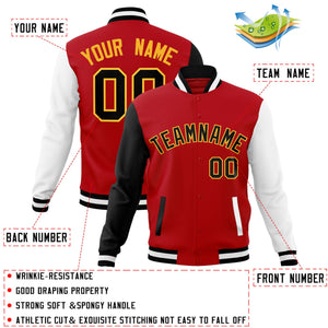 Veste Letterman Varsity Full-Snap à manches raglan rouge noir-jaune personnalisée