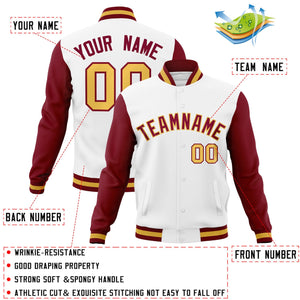 Veste Letterman Varsity Full-Snap à manches raglan blanc cramoisi-kaki personnalisée