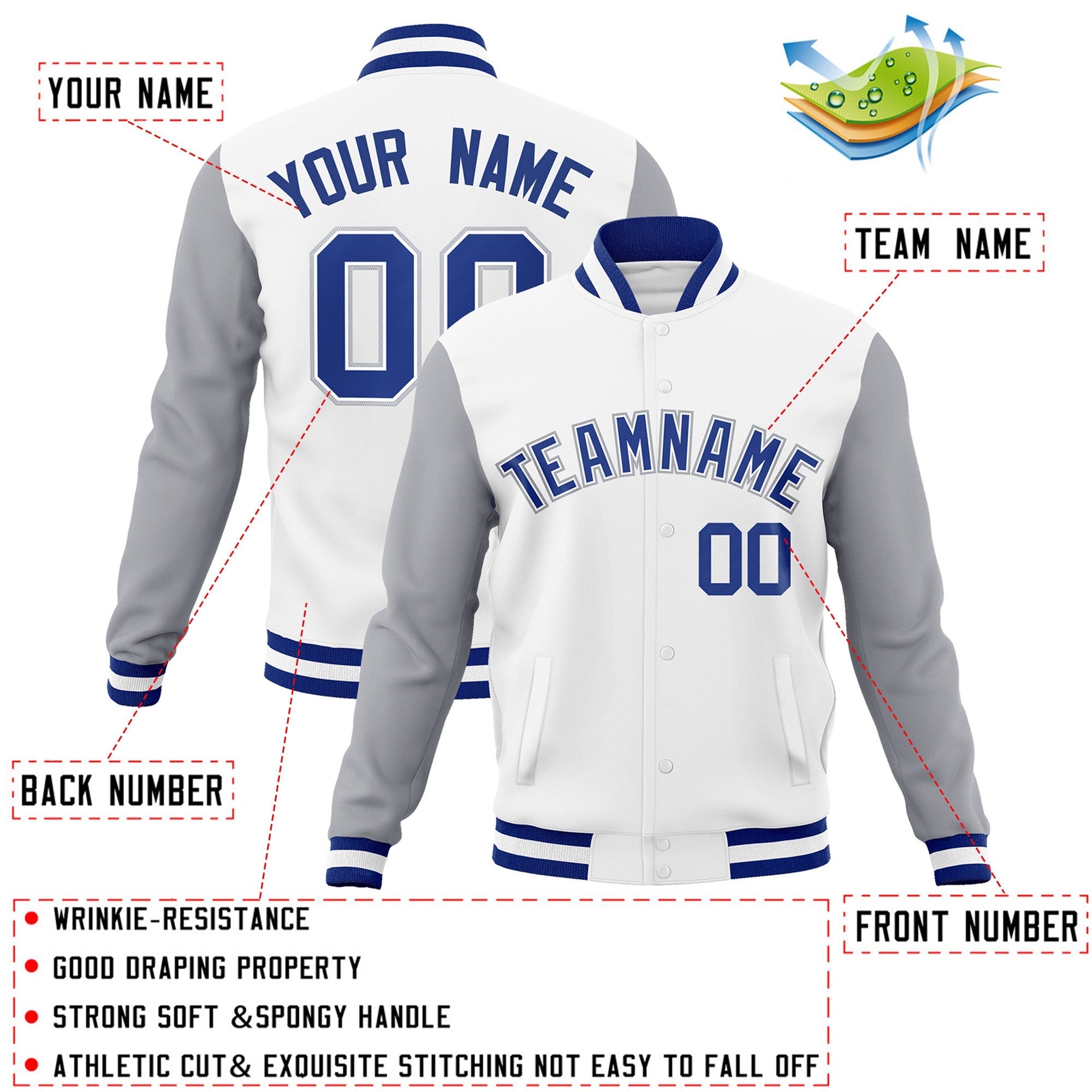 Custom White Royal-White Raglan Sleeves Varsity Full-Snap Letterman Jacket