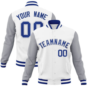 Custom White Royal-White Raglan Sleeves Varsity Full-Snap Letterman Jacket