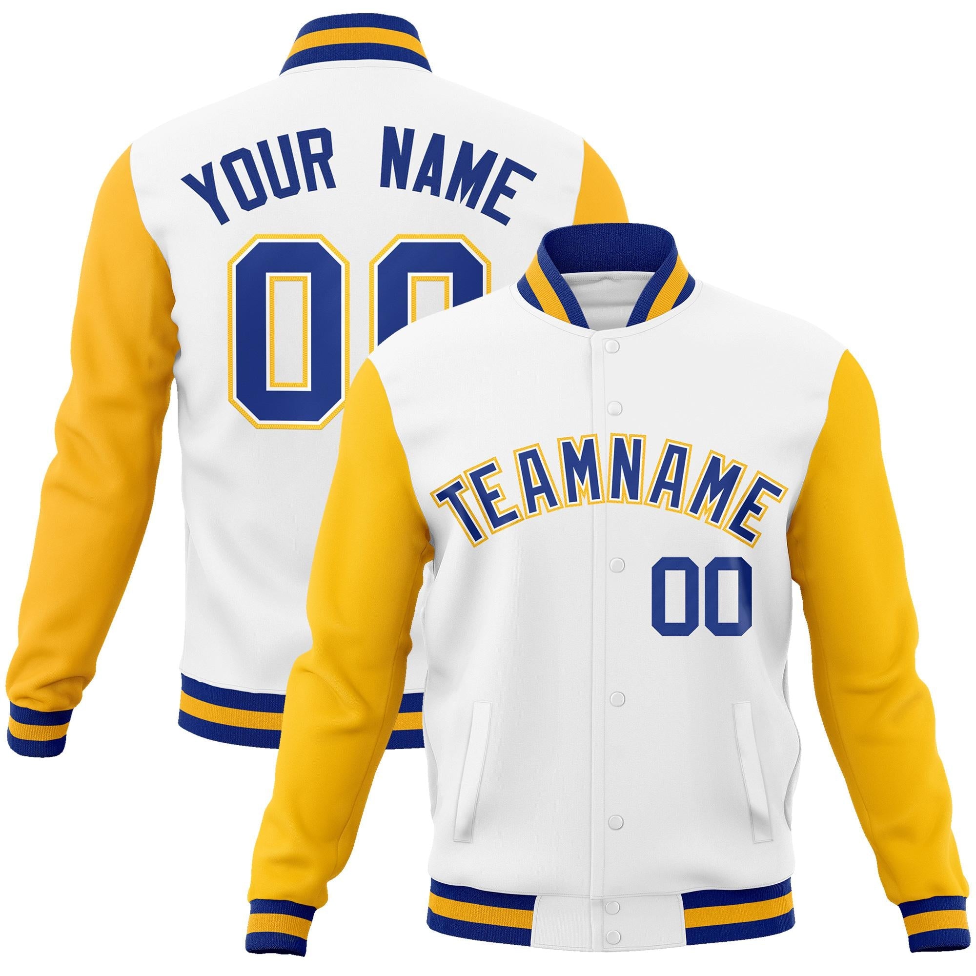 Custom White Royal-White Raglan Sleeves Varsity Full-Snap Letterman Jacket