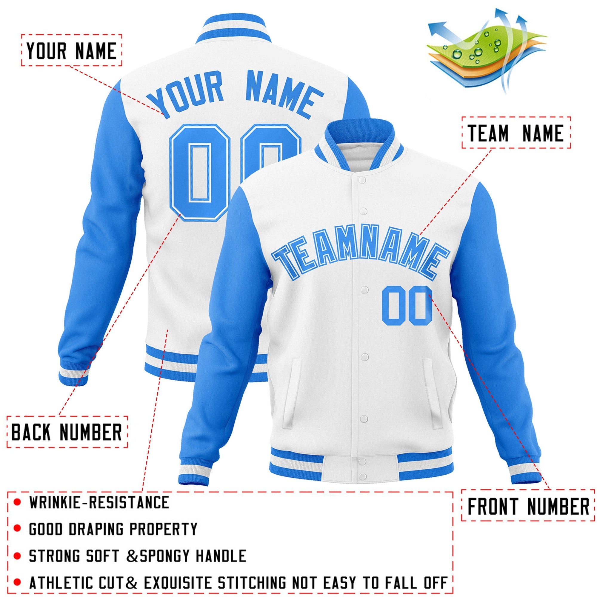 Veste Letterman Varsity Full-Snap à manches raglan bleu poudre-blanc personnalisée