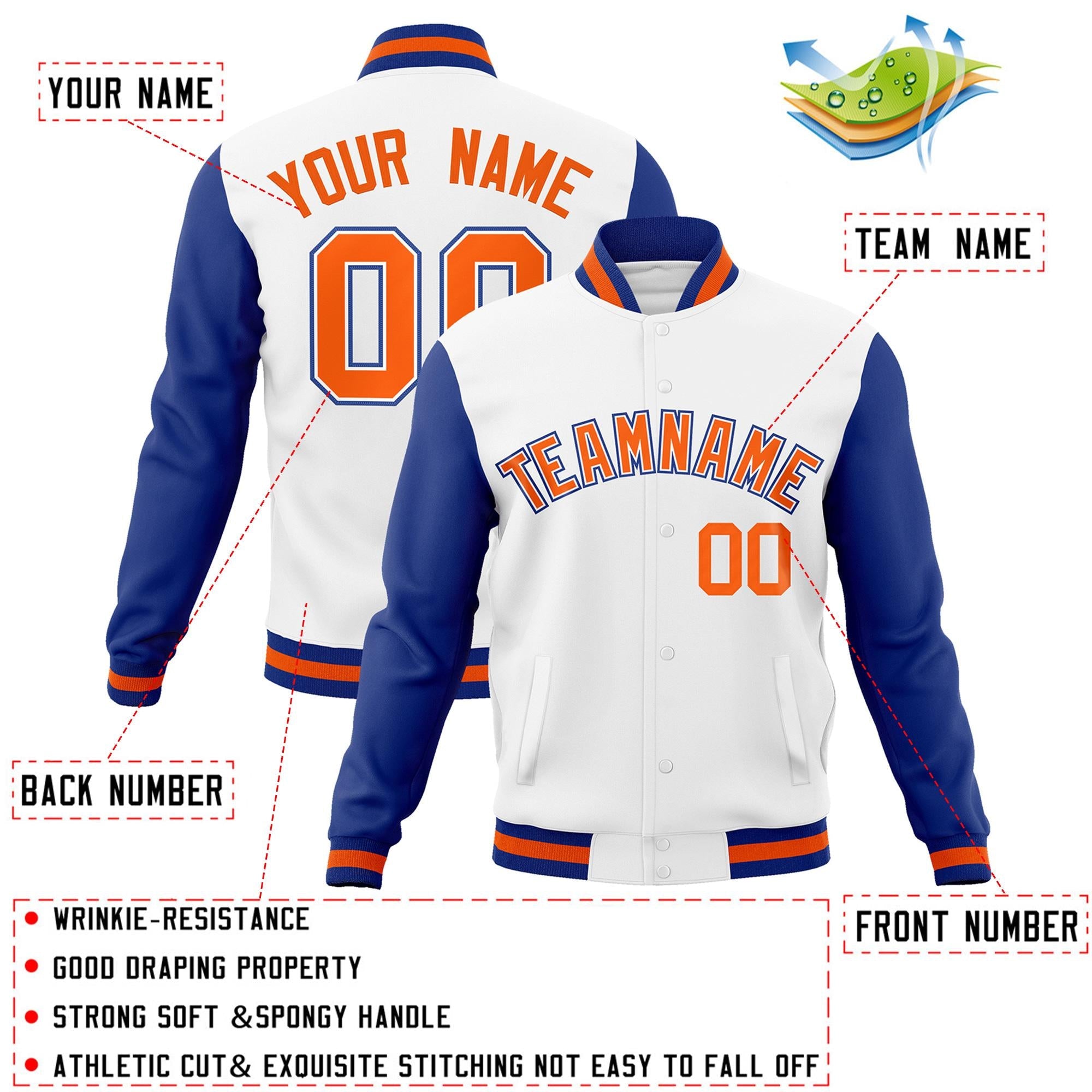 Custom White Orange-White Raglan Sleeves Varsity Full-Snap Letterman Jacket