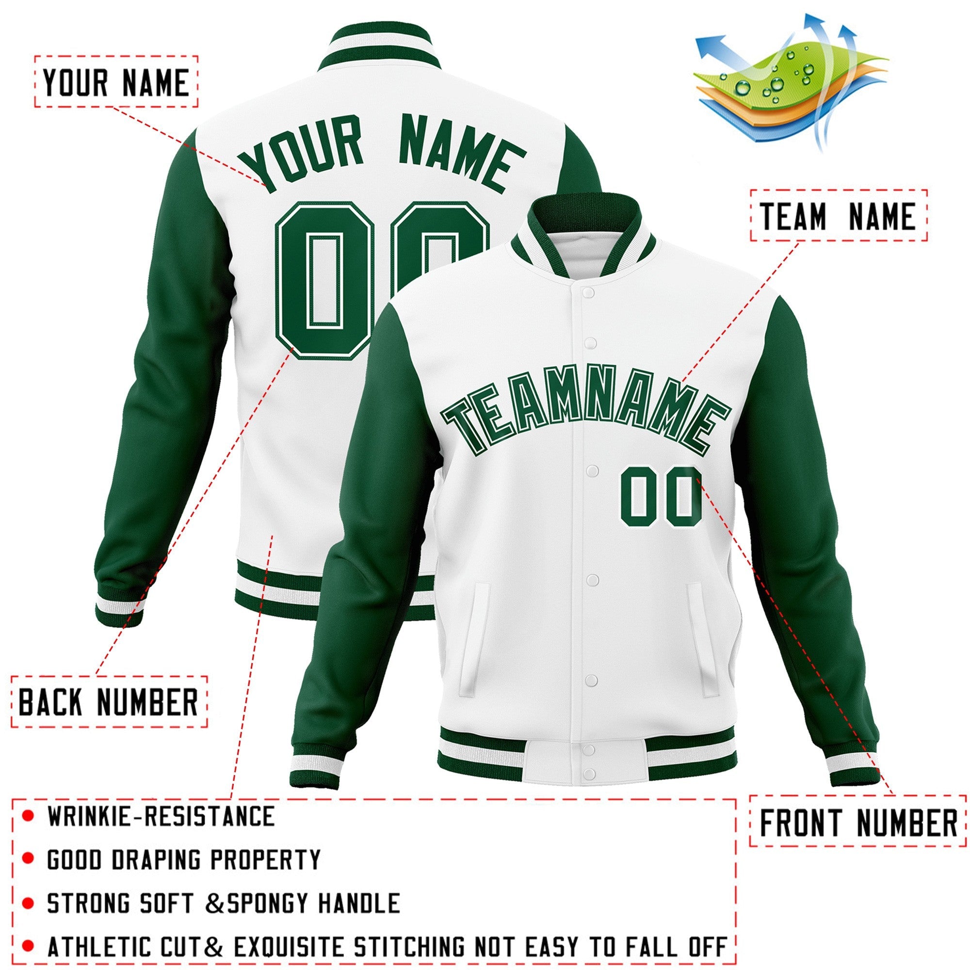 Custom White Green-White Raglan Sleeves Varsity Full-Snap Letterman Jacket