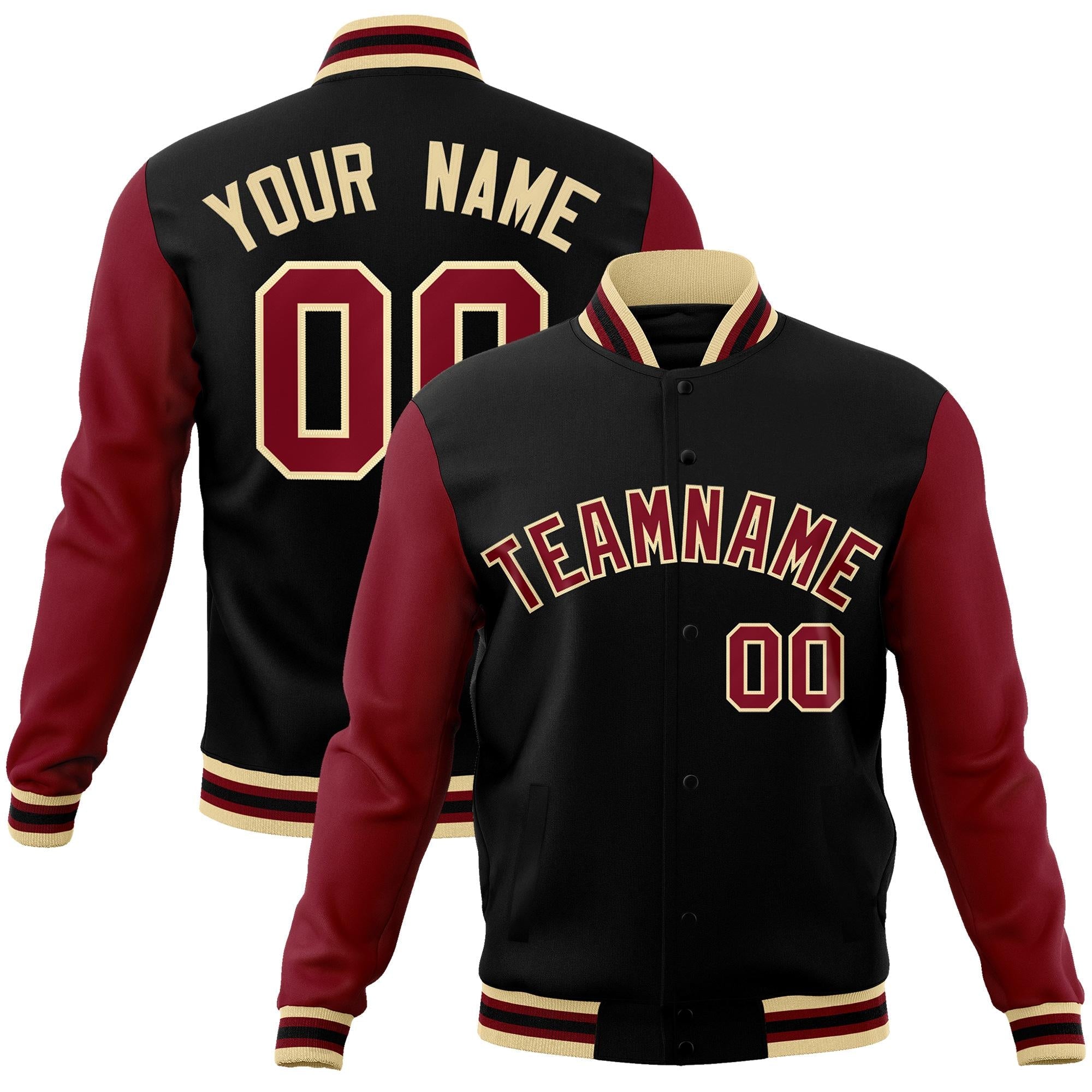 Custom Black Crimson-Khaki Raglan Sleeves Varsity Full-Snap Letterman Jacket