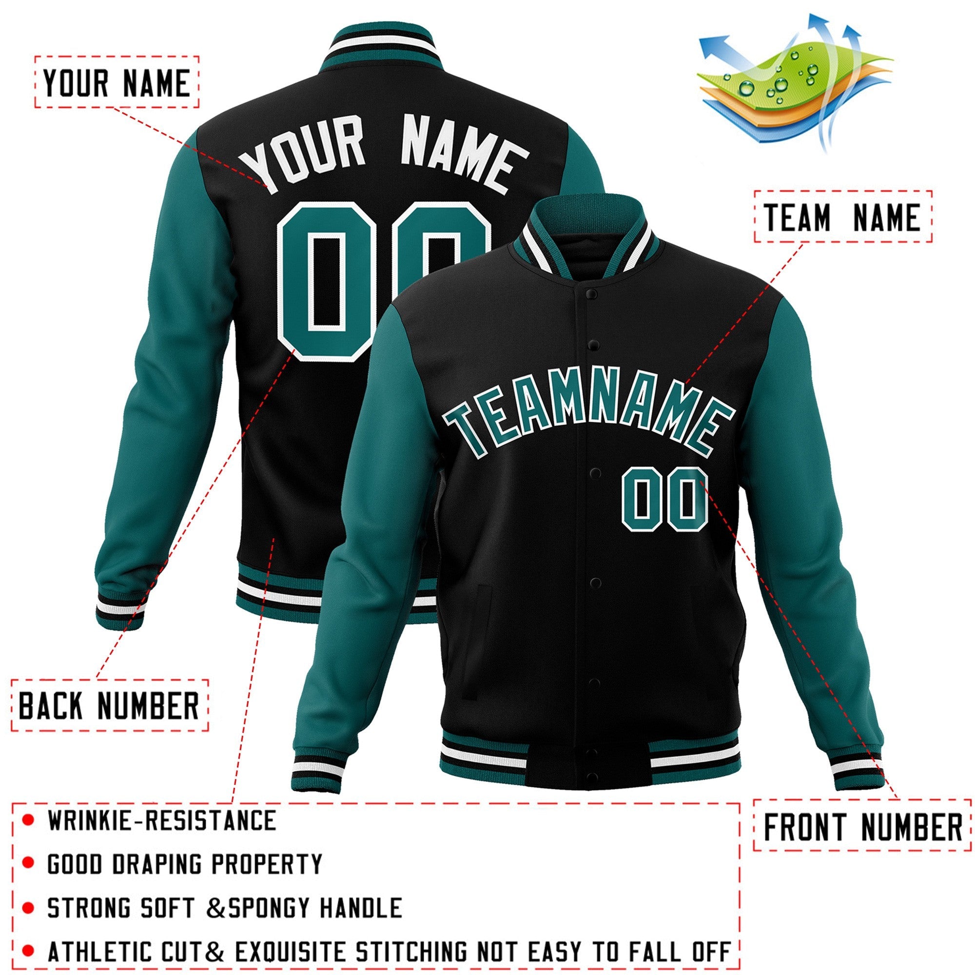 Custom Black Aqua-White Raglan Sleeves Varsity Full-Snap Letterman Jacket