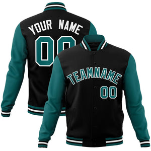 Custom Black Aqua-White Raglan Sleeves Varsity Full-Snap Letterman Jacket