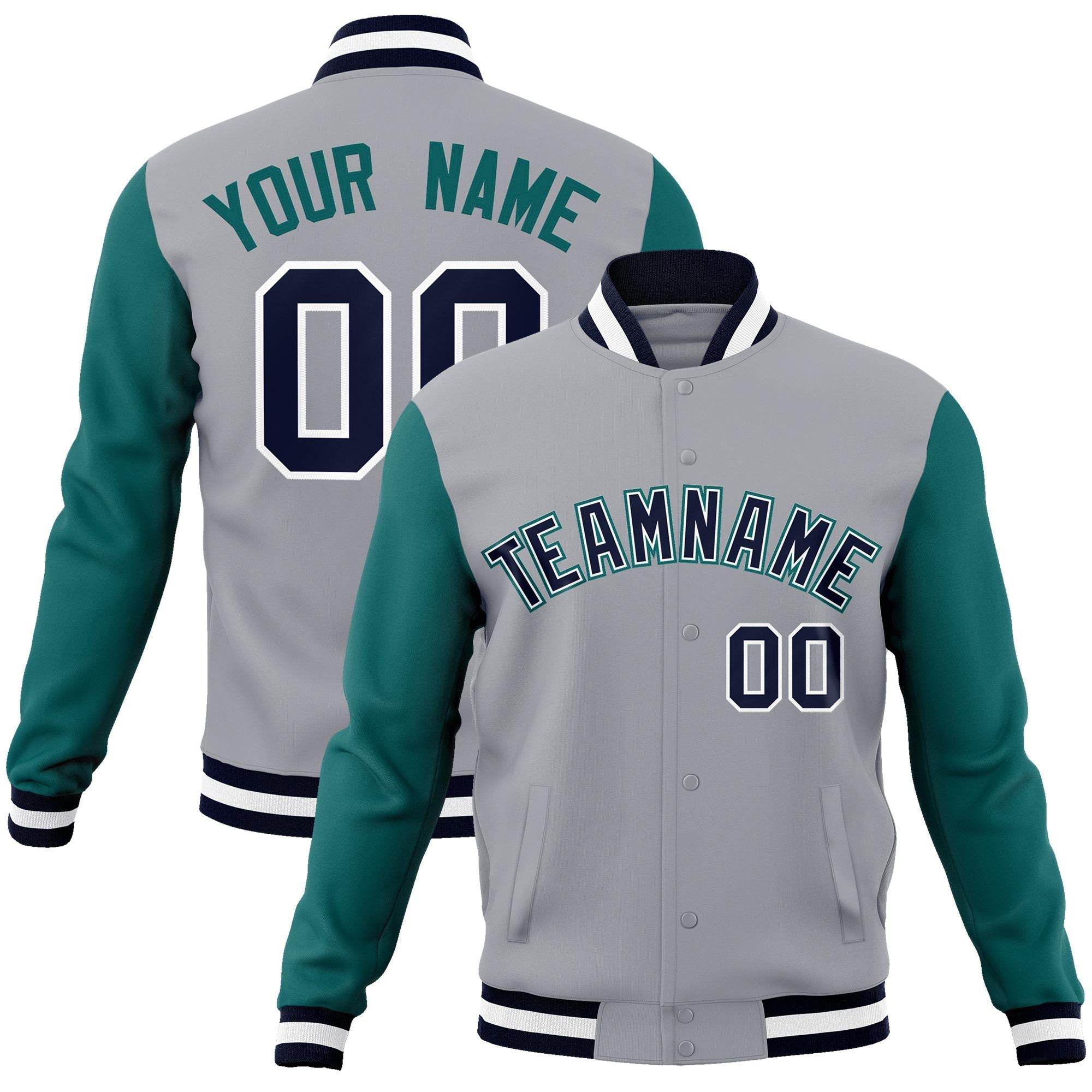 Custom Gray Navy-White Raglan Sleeves Varsity Full-Snap Letterman Jacket