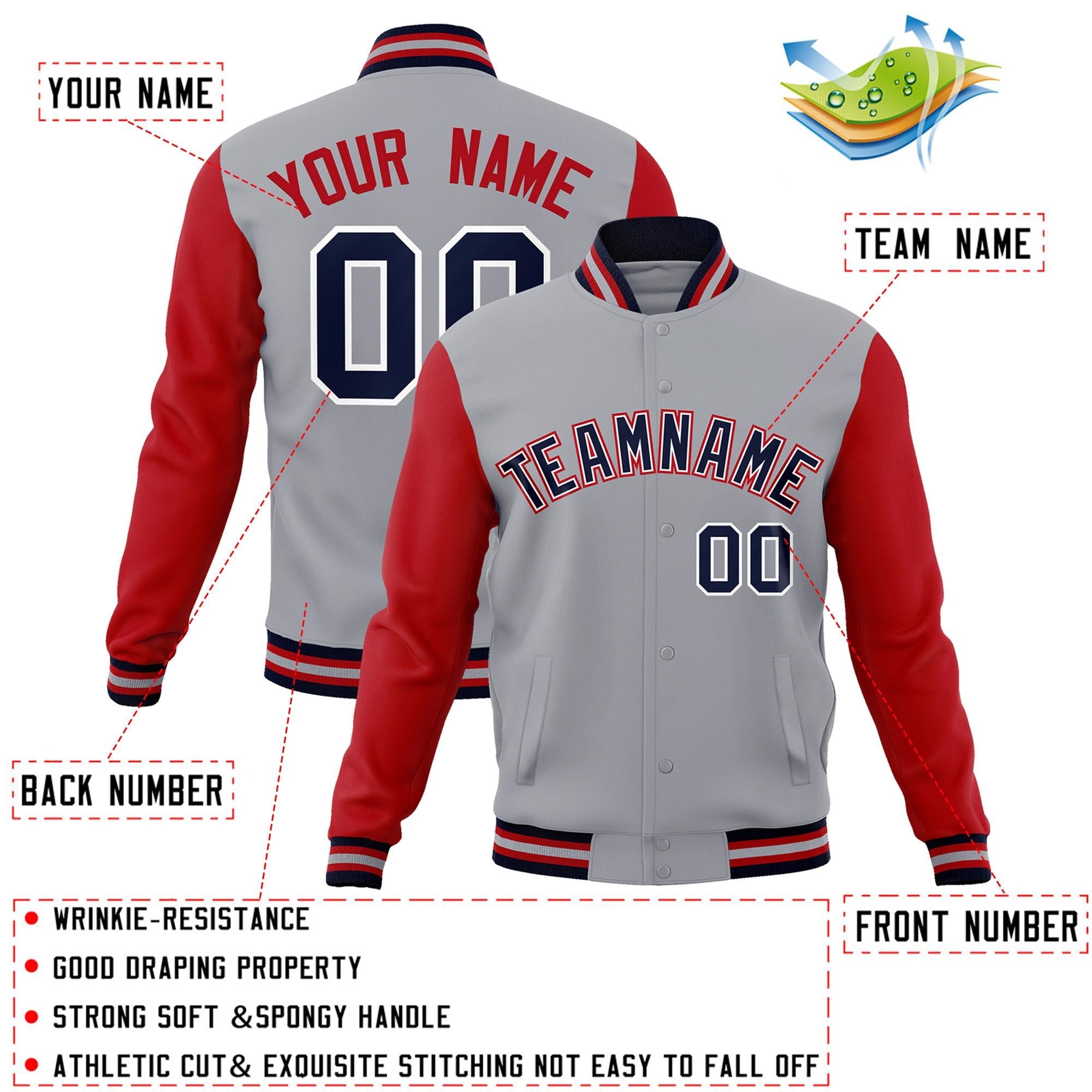 Custom Gray Navy-White Raglan Sleeves Varsity Full-Snap Letterman Jacket