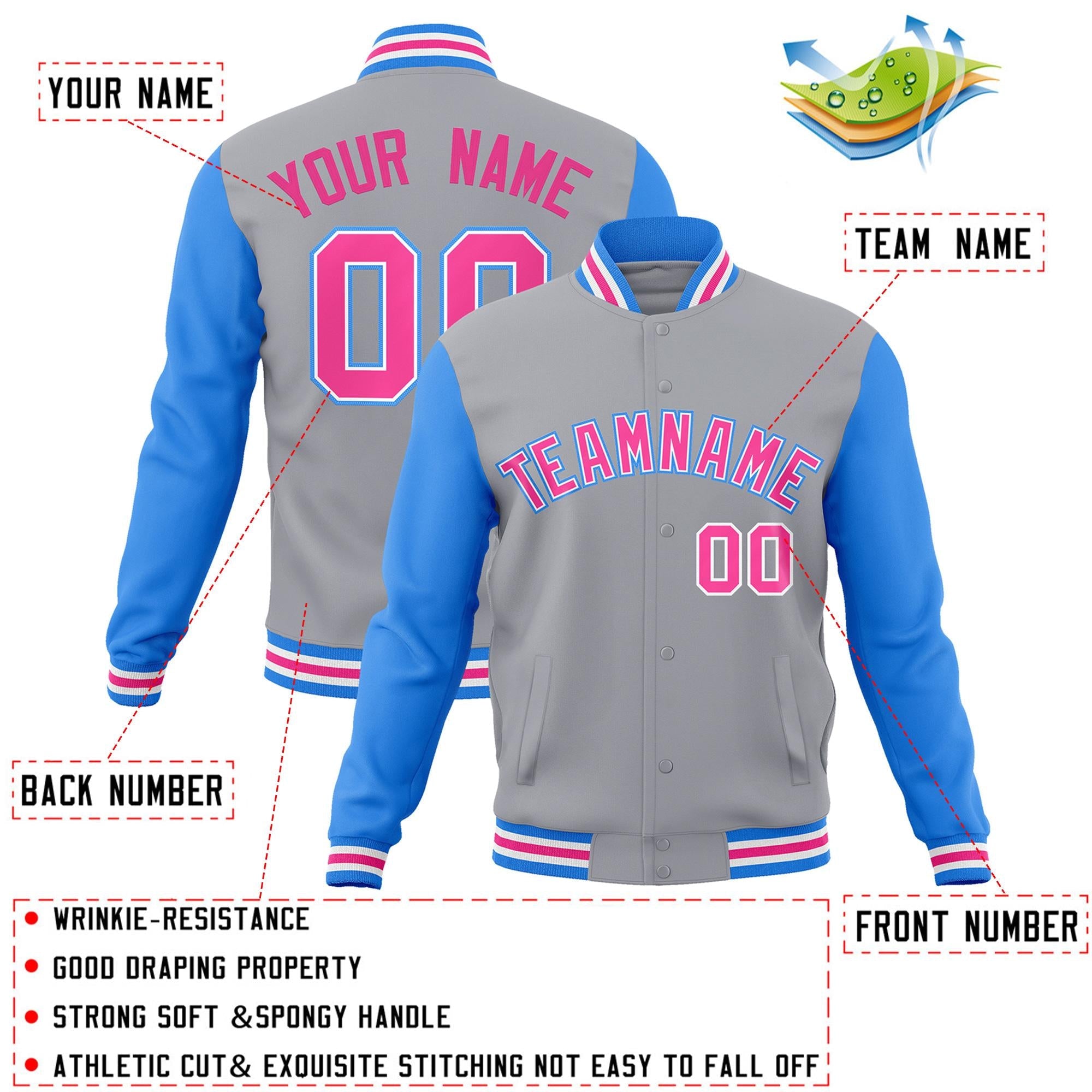 Veste Letterman Varsity Full-Snap à manches raglan gris rose-blanc personnalisée