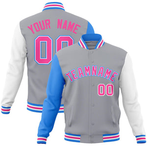 Custom Gray Pink-White Raglan Sleeves Varsity Full-Snap Letterman Jacket