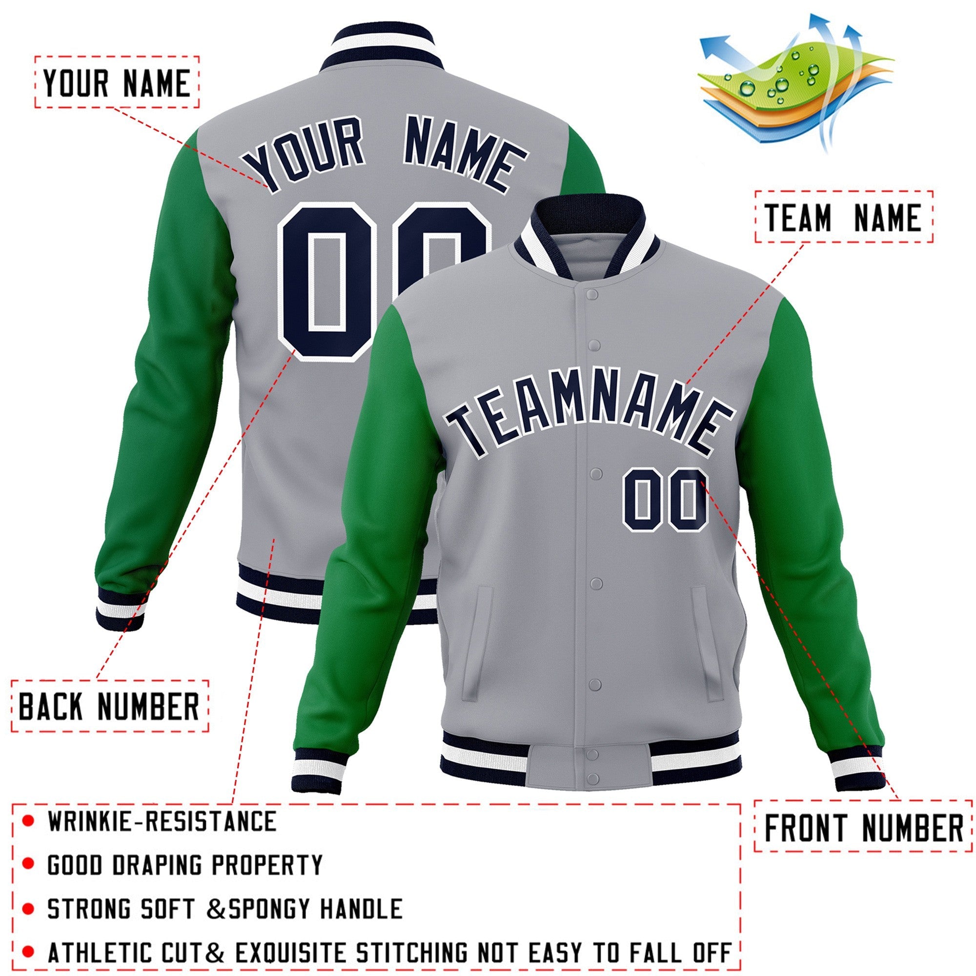 Custom Gray Navy-White Raglan Sleeves Varsity Full-Snap Letterman Jacket