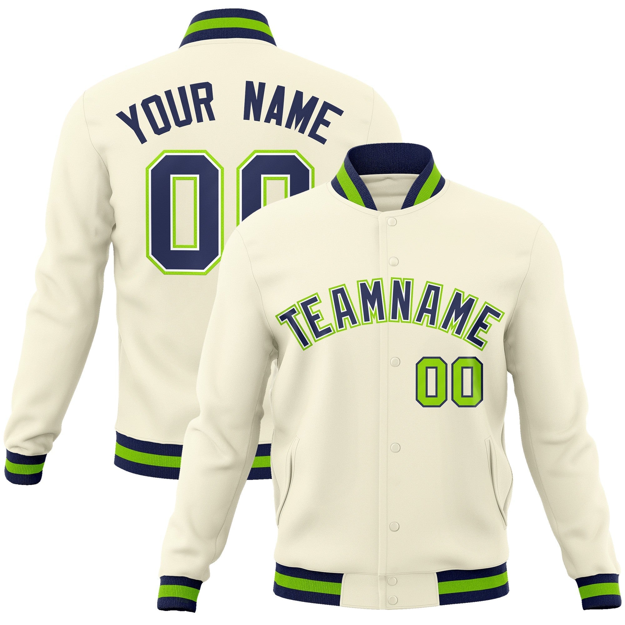 Custom Khaki Navy-White Classic Style Varsity Full-Snap Letterman Jacket