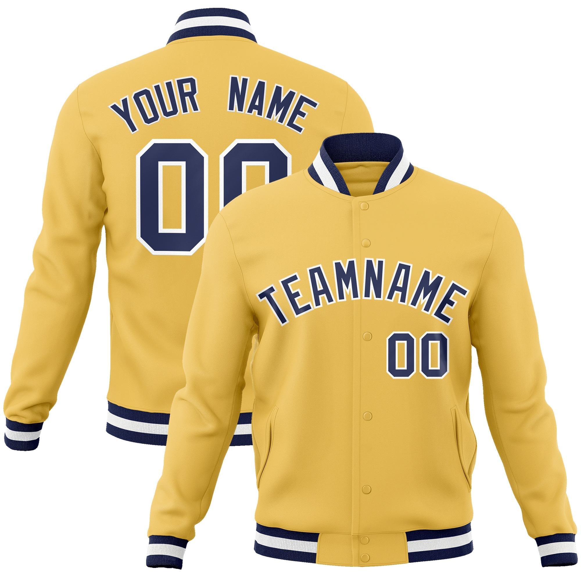 Custom Gold Navy-White Classic Style Varsity Full-Snap Letterman Jacket