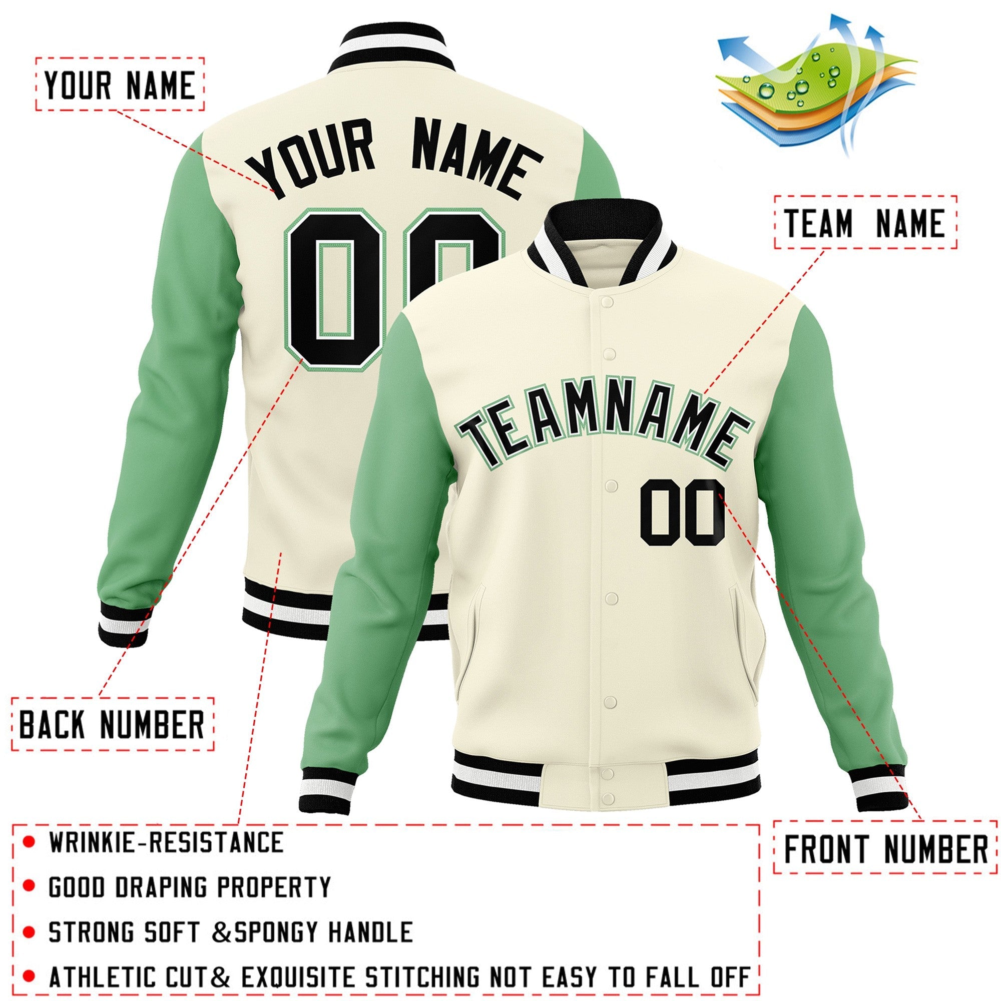 Custom Khaki Black-White Raglan Sleeves Varsity Full-Snap Letterman Jacket