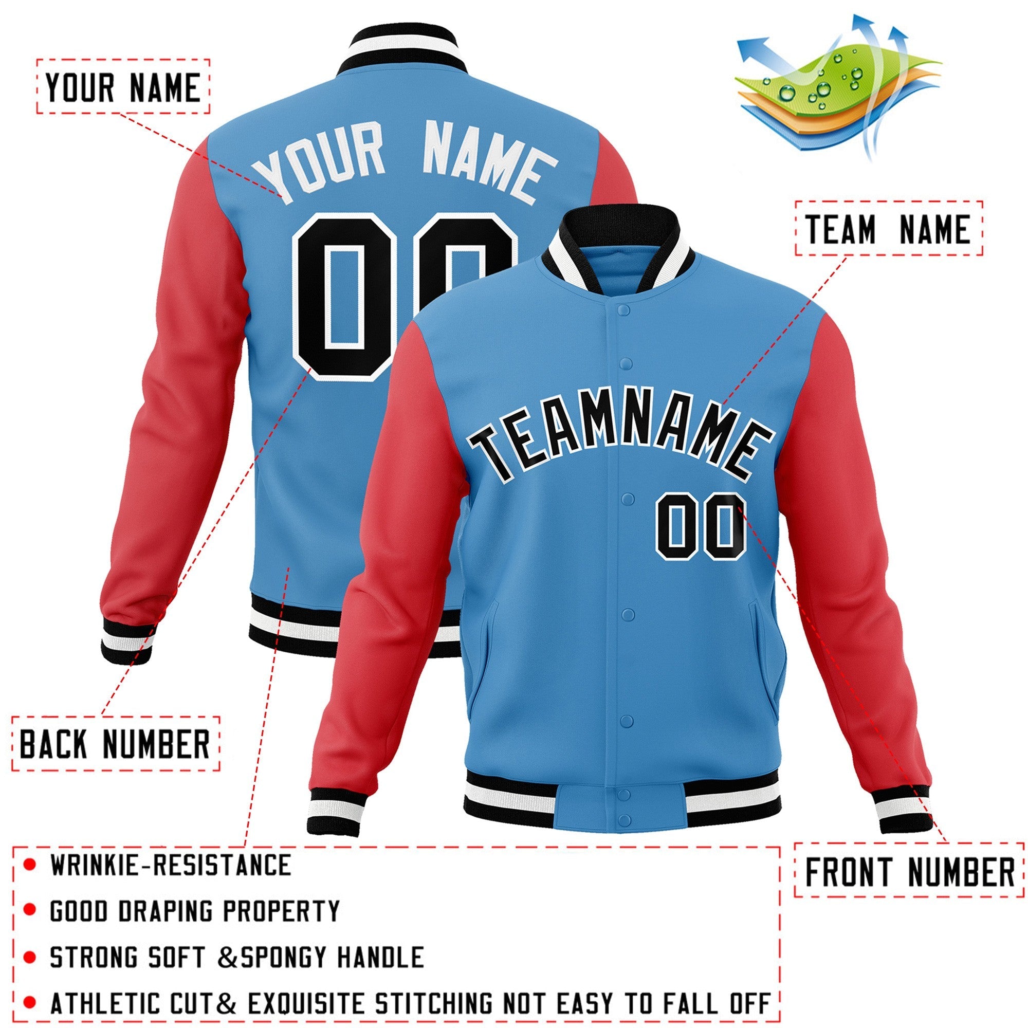 Veste Letterman Varsity Full-Snap à manches raglan bleu clair et blanc personnalisée