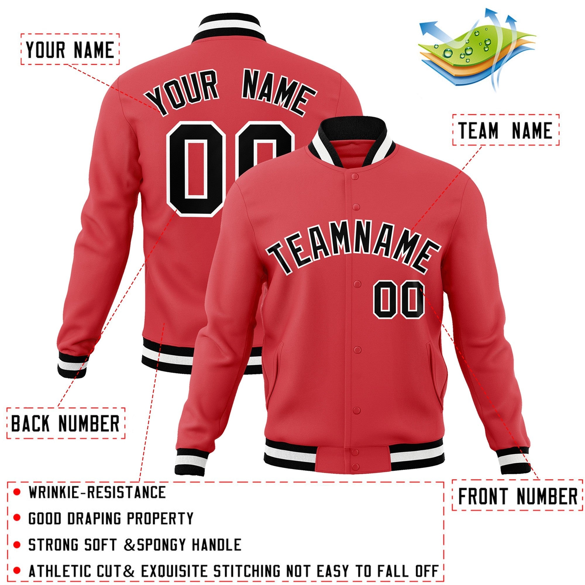 Custom Light Red Black-White Classic Style Varsity Full-Snap Letterman Jacket