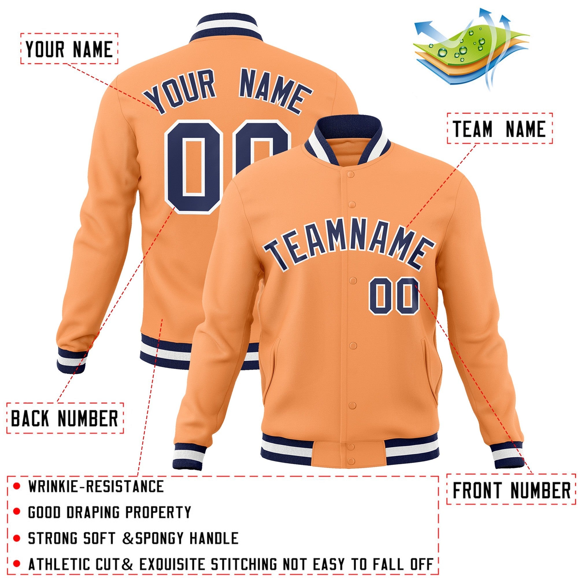 Veste Letterman Varsity Full-Snap à manches raglan orange marine-blanc personnalisée