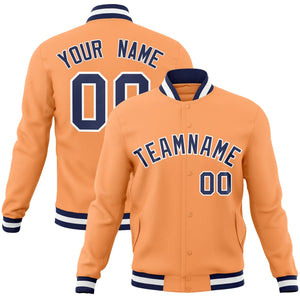 Custom Orange Navy-White Raglan Sleeves Varsity Full-Snap Letterman Jacket