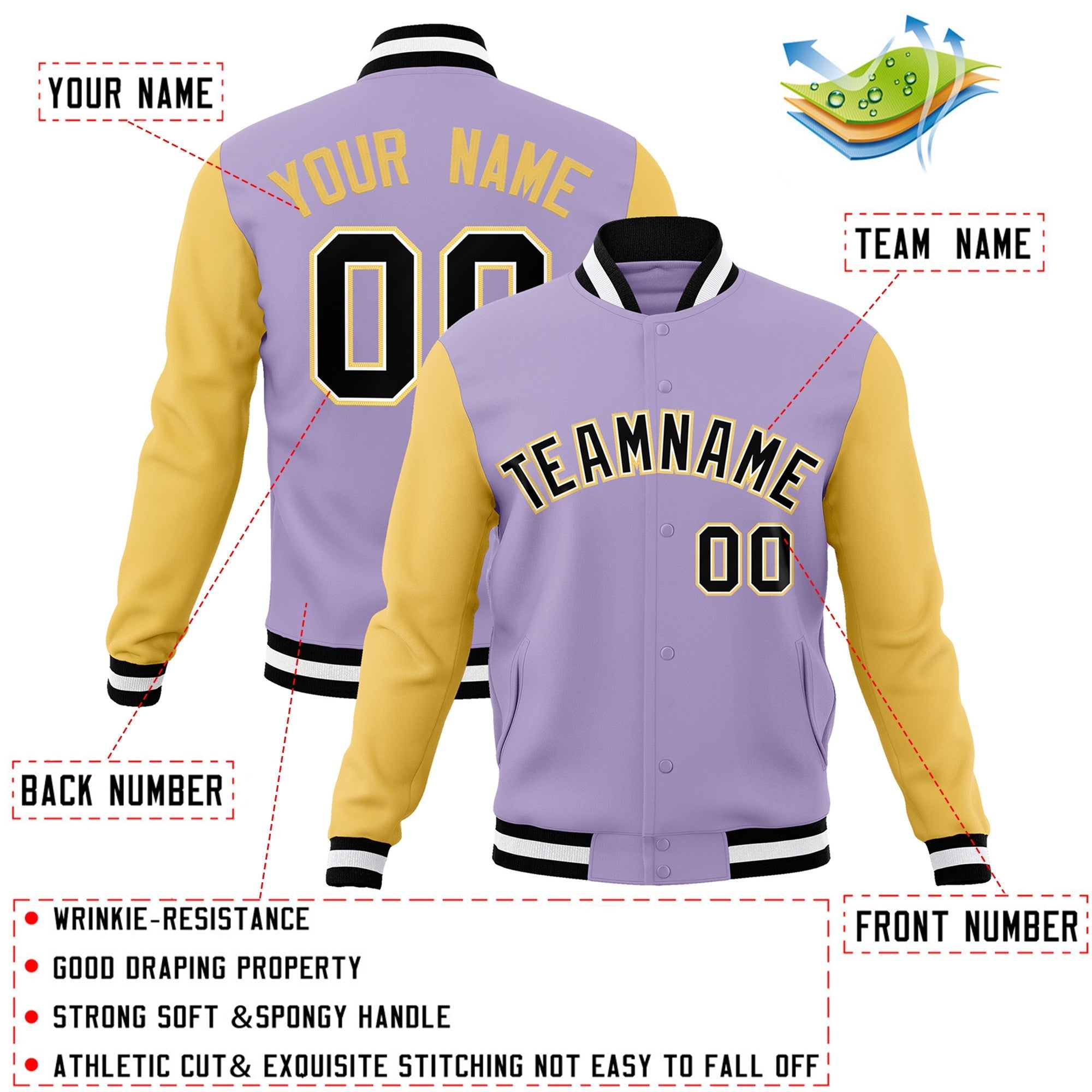 Veste Letterman Varsity Full-Snap à manches raglan personnalisées violet clair noir-blanc