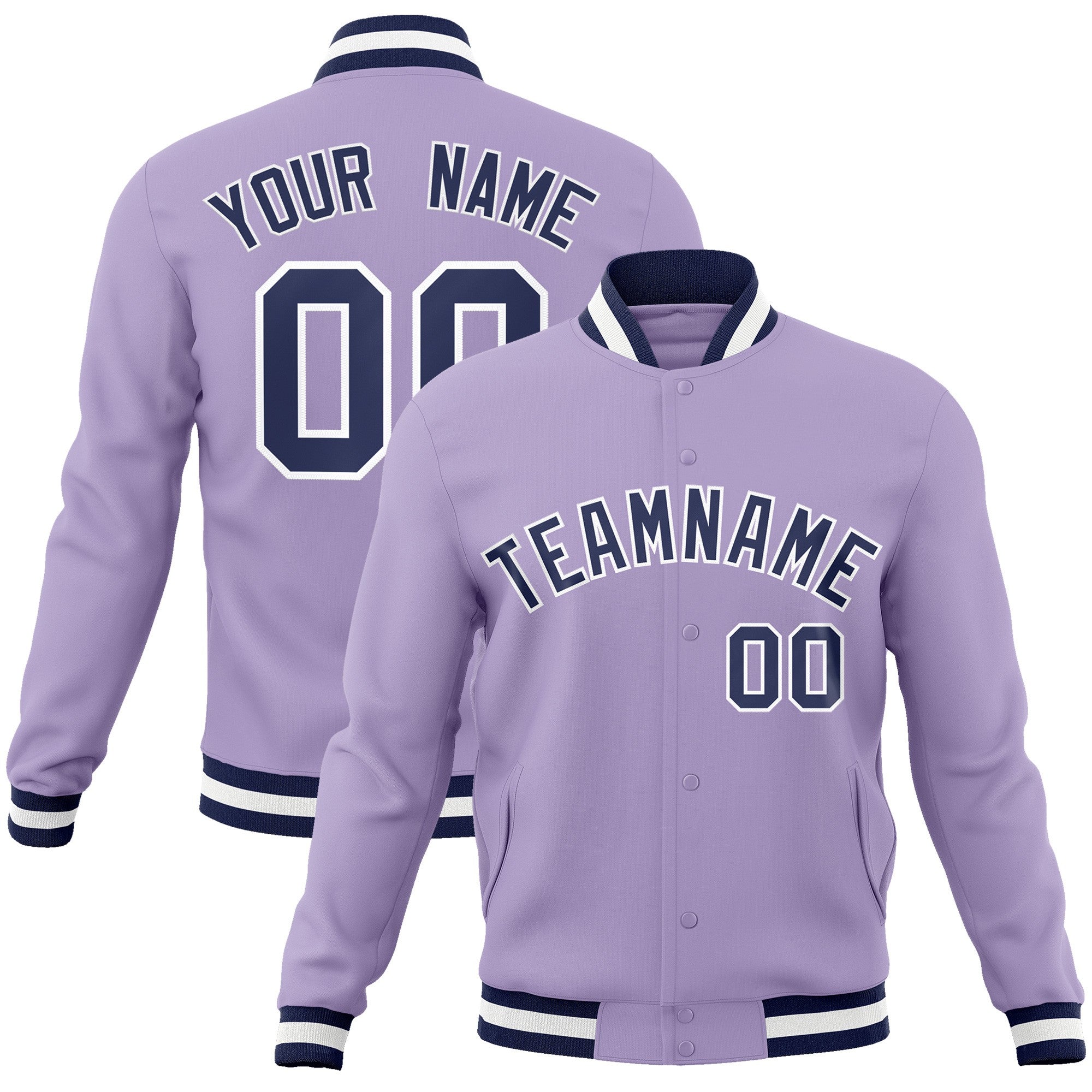 Custom Light Purple Navy-White Raglan Sleeves Varsity Full-Snap Letterman Jacket