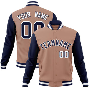 Custom Brown Navy-White Raglan Sleeves Varsity Full-Snap Letterman Jacket