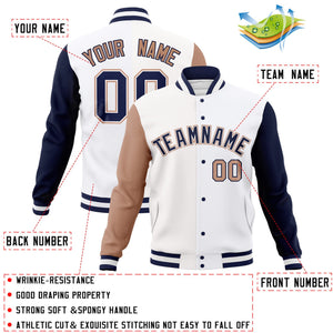 Veste Letterman Varsity Full-Snap à manches raglan blanches et blanches personnalisées