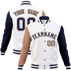 Custom White Navy-White Raglan Sleeves Varsity Full-Snap Letterman Jacket