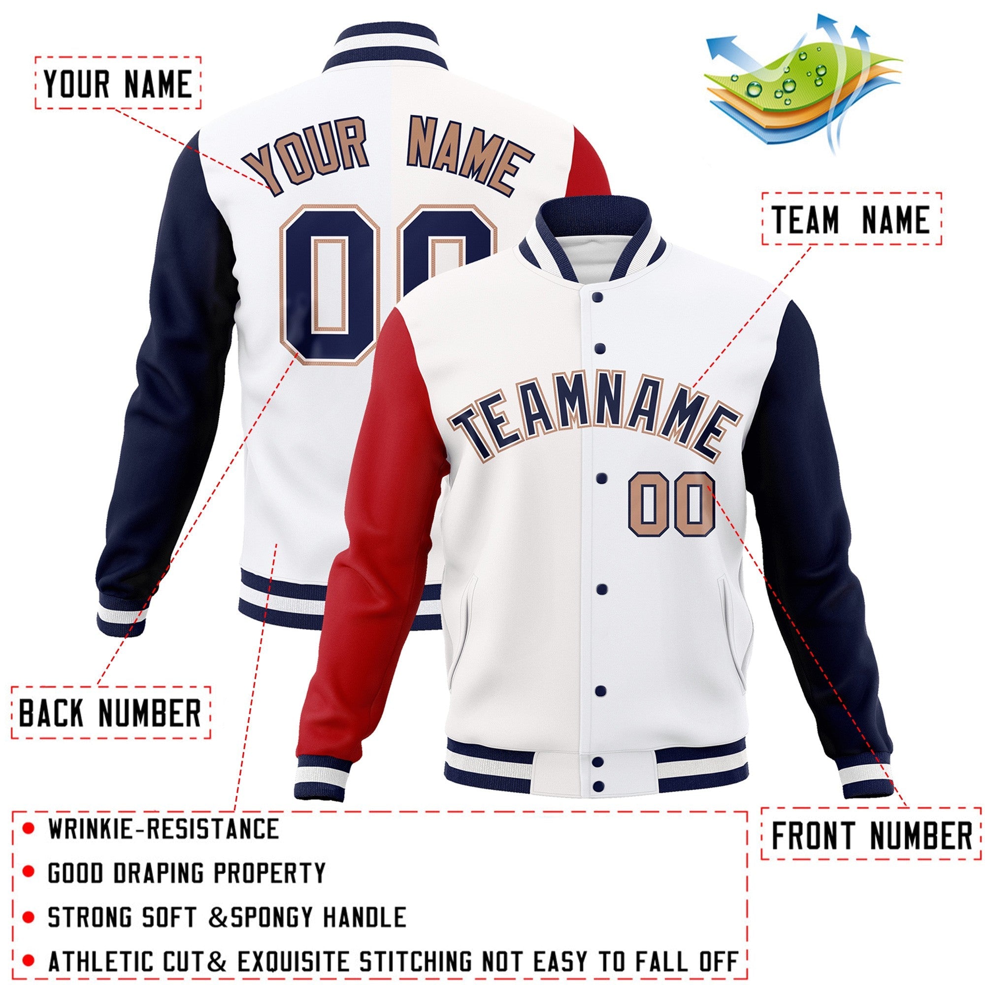 Custom White Navy-White Raglan Sleeves Varsity Full-Snap Letterman Jacket