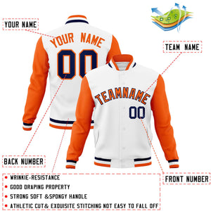 Custom White Orange-Navy Varsity Full-Snap Raglan Sleeves Letterman Baseball Jacket