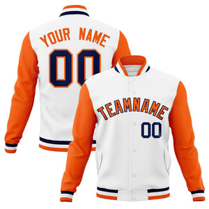 Custom White Orange-Navy Varsity Full-Snap Raglan Sleeves Letterman Baseball Jacket