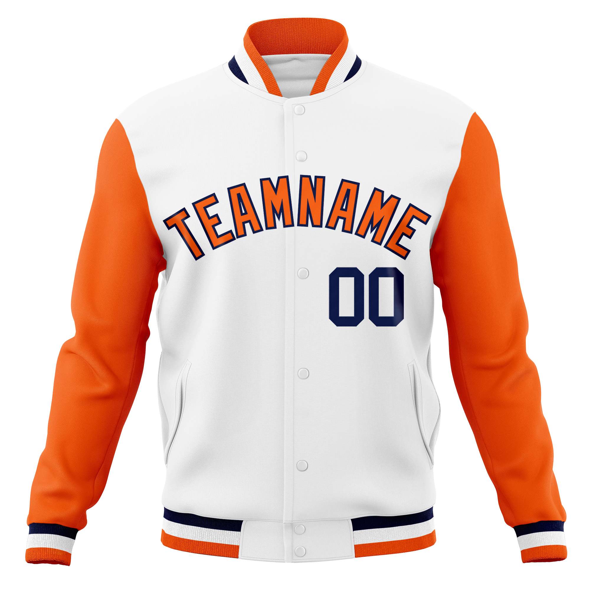 Custom White Orange-Navy Varsity Full-Snap Raglan Sleeves Letterman Baseball Jacket