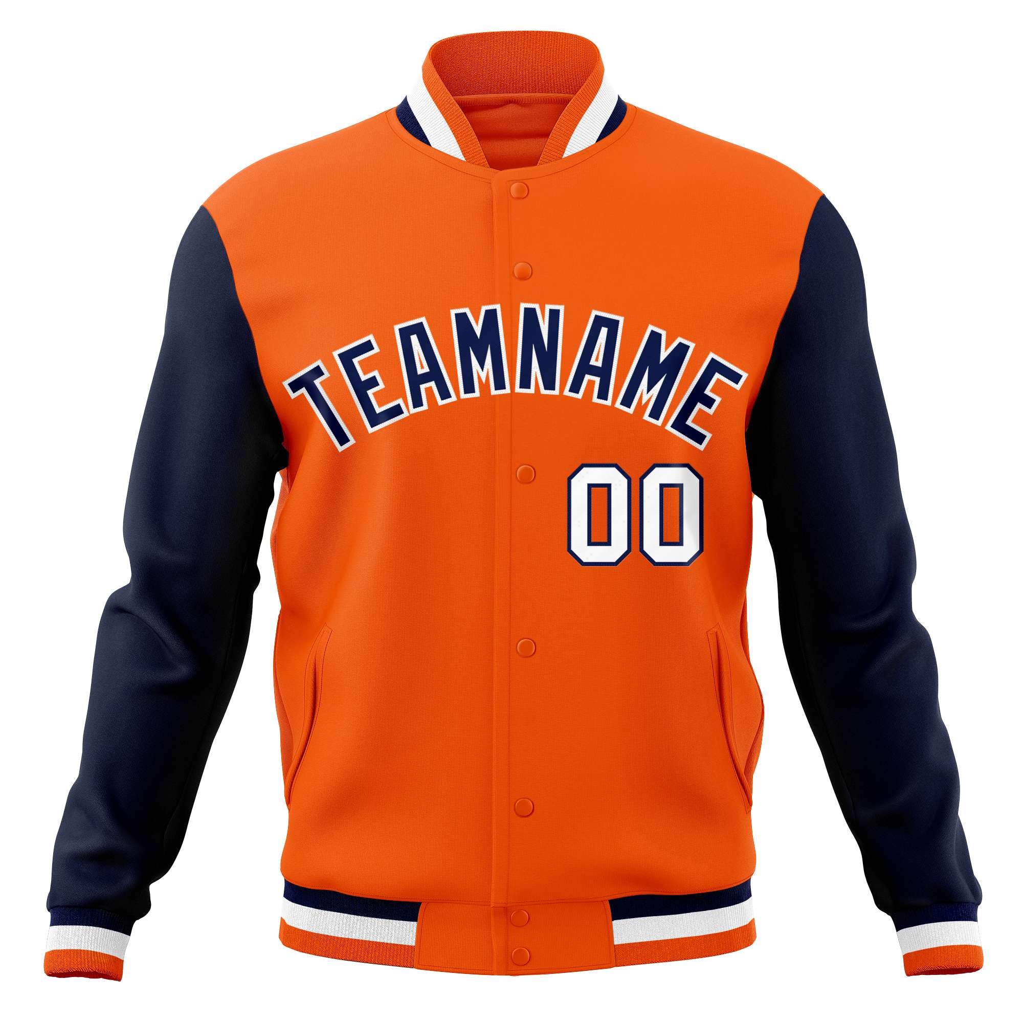 Custom Orange Navy-White Varsity Full-Snap Raglan Sleeves Letterman Baseball Jacket