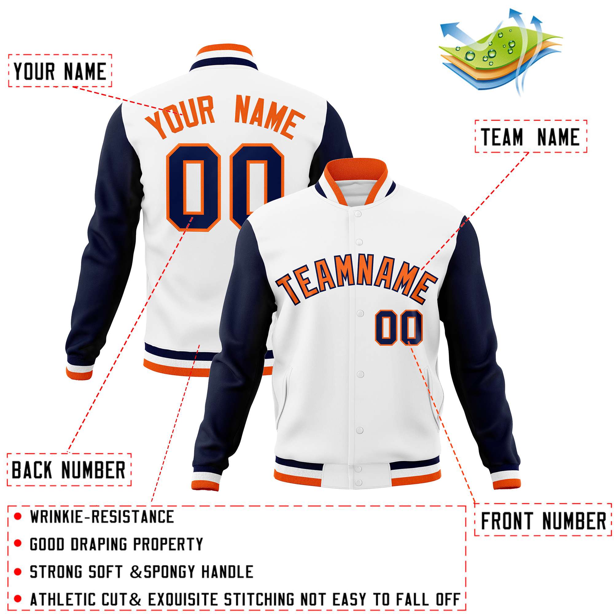 Custom White Orange-Navy Varsity Full-Snap Raglan Sleeves Letterman Baseball Jacket