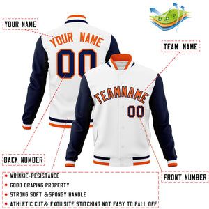 Custom White Orange-Navy Varsity Full-Snap Raglan Sleeves Letterman Baseball Jacket