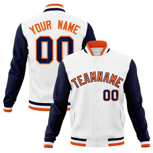 Custom White Orange-Navy Varsity Full-Snap Raglan Sleeves Letterman Baseball Jacket